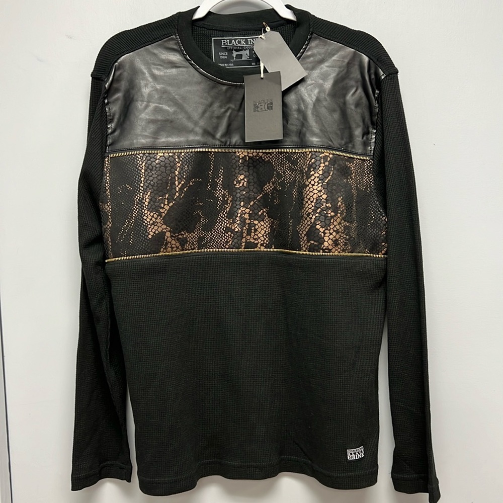Black Ink Men’s Long Sleeve Faux Leather/Zipper & Metallic Embellished Shirt